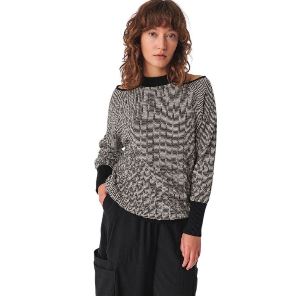 SKFK Euba Black White Textured Cotton Cutout Shoulder Sweater Size 6 NWT